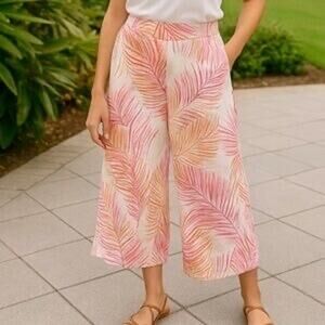 Tahari Pink + Orange Palm Print Linen Wide Leg Pull On Pant Small Beach Vacation